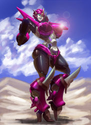 Rule 34 | 1girl, absurdres, aiming, aiming at viewer, alternate color, arcee, arcee (prime), arm behind head, autobot, blue eyes, breasts, clenched teeth, commentary, commission, cosmikaizer, english commentary, gun, handgun, highres, holding, holding gun, holding weapon, large breasts, lens flare, mecha, pistol, pubic tattoo, robot, solo, tattoo, teeth, transformers, transformers prime, weapon