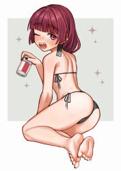 1girl ass barefoot beer_can bikini black_bikini bocchi_the_rock! cameltoe can drink_can earrings eyebrows_hidden_by_hair from_behind full_body hakai_no_ika hanafuda_earrings highres hiroi_kikuri holding holding_can jewelry looking_at_viewer nail_polish one_eye_closed open_mouth purple_eyes purple_hair sharp_teeth short_hair simple_background sitting smile soles solo swimsuit teeth toenail_polish toenails toes white_background