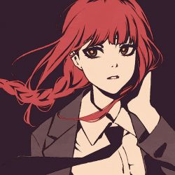 Rule 34 | 1girl, black background, black jacket, black necktie, blunt bangs, chainsaw man, close-up, dress shirt, eyelashes, floating hair, floating neckwear, formal, high contrast, jacket, looking away, makima (chainsaw man), moshimoshibe, necktie, parted lips, portrait, red hair, shirt, simple background, solo, suit, suit jacket, texture, white shirt, wind, yellow eyes