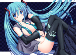 Rule 34 | 1girl, blue eyes, blue hair, blush, breasts, censored, convenient censoring, convenient leg, detached sleeves, green panties, hatsune miku, kageira, long hair, matching hair/eyes, medium breasts, necktie, no bra, open clothes, open shirt, panties, panty pull, shirt, side-tie panties, skirt, skirt around one leg, solo, thighhighs, twintails, underwear, undressing, untied panties, very long hair, vocaloid