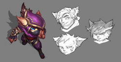 Rule 34 | 1boy, blue eyes, closed mouth, commentary, concept art, english commentary, fang, fingerless gloves, full body, fur, gloves, grey background, highres, kennen, league of legends, looking at viewer, male focus, mask, mouth mask, multiple views, ninja, pink hood, scar, scar across eye, scar on face, simple background, standing, vladbacescu, yordle