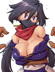 Rule 34 | 10s, 1girl, amania orz, ayame (gundam build divers), bare shoulders, bdsm, black hair, blush, bondage, bound, bound arms, bound torso, breasts, cleavage, covered mouth, dated, embarrassed, eyes visible through hair, flying sweatdrops, gundam, gundam build divers, hair between eyes, half mask, hip armor, huge breasts, japanese clothes, large breasts, long hair, low twintails, mask, mouth mask, ninja, ninja mask, no bra, off shoulder, purple eyes, reaching, scarf, simple background, skindentation, solo focus, twintails, twitter username, upper body, white background, wide-eyed