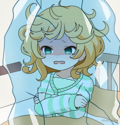 Rule 34 | 1girl, bed, blonde hair, cold, collarbone, commentary request, empty eyes, frozen, gochuumon wa usagi desu ka?, green eyes, green shirt, ice, jacket, kirima syaro, long sleeves, messy hair, mitya, open mouth, pajamas, pillow, shirt, sleeves past wrists, solo, striped clothes, striped jacket, tears, trembling, turn pale, under covers, wavy mouth