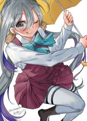 Rule 34 | 1girl, aqua bow, aqua bowtie, artist name, blue hair, blush, boots, bow, bowtie, brown footwear, closed mouth, collared shirt, dated, dress, grey eyes, grey hair, grey pantyhose, hair between eyes, highres, holding, holding umbrella, kantai collection, kiyoshimo (kancolle), long hair, long sleeves, low twintails, mizuta kenji, multicolored hair, one-hour drawing challenge, one eye closed, pantyhose, pleated dress, purple dress, shirt, signature, simple background, smile, solo, tongue, tongue out, twintails, twitter username, umbrella, white background, white shirt