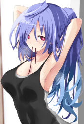 Rule 34 | 1girl, armpits, arms behind head, blue hair, breasts, highres, hot, iris heart, iwashi dorobou -r-, kami jigen game neptune v, long hair, looking at viewer, medium breasts, mouth hold, neptune (series), power symbol, power symbol-shaped pupils, red eyes, sideboob, smile, solo, sweat, symbol-shaped pupils, very long hair