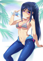 Rule 34 | 1girl, arm support, bikini, bikini under clothes, blue bikini, blue hair, blush, bodysuit, bottle, breasts, bunji, diving suit, front-tie bikini top, front-tie top, highres, holding, holding bottle, large breasts, leaf, long hair, looking at viewer, love live!, love live! sunshine!!, matsuura kanan, navel, open wetsuit, parted bangs, ponytail, purple eyes, sidelocks, sitting, smile, solo, stomach, striped bikini, striped clothes, sweat, swimsuit, underboob, very long hair, water bottle, wetsuit