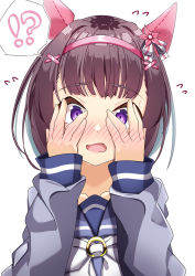 Rule 34 | !?, 1girl, absurdres, animal ears, blue shirt, blush, blush visible through hands, bow, bowtie, brown hair, covering face, ear covers, flying sweatdrops, hair ornament, hairband, hands on own face, highres, horse ears, long sleeves, looking at viewer, nishino flower (umamusume), nose blush, open mouth, peeking through fingers, purple eyes, school uniform, shirayuki aiki, shirt, simple background, solo, speech bubble, spoken interrobang, sweat, tracen school uniform, umamusume, upper body, white background, white bow, white bowtie, x hair ornament
