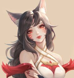 Rule 34 | 1girl, ahri (league of legends), animal ear fluff, animal ears, black hair, boraiolet, breasts, closed mouth, crossed arms, facial mark, fingernails, fox ears, fox girl, hair between eyes, highres, immortalized legend ahri, league of legends, long hair, looking at viewer, medium breasts, nail polish, official alternate costume, red eyes, red nails, sidelocks, simple background, smile, solo, upper body, whisker markings