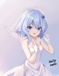 Rule 34 | 1girl, absurdres, bare shoulders, blue eyes, blue hair, bridal veil, bride, dress, gloves, guilty merlin, hair ornament, highres, jewelry, light blue hair, looking at viewer, merlin prismriver, necklace, open mouth, ornate ring, ring, signature, simple background, smile, solo, strapless, strapless dress, touhou, veil, wedding dress, wedding ring, white dress, white gloves