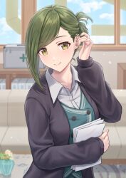 Rule 34 | 1girl, absurdres, black cardigan, blush, breasts, cardigan, couch, folded ponytail, green eyes, green hair, green vest, highres, holding, holding paper, idolmaster, idolmaster shiny colors, indoors, looking at viewer, medium breasts, nanakusa hazuki, office lady, paper, shirt, simoumi 217, single sidelock, smile, solo, swept bangs, upper body, vest, white shirt, window