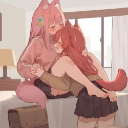 2girls animal_ears black_skirt blush bocchi_the_rock! brown_shirt commentary_request cube_hair_ornament cuddling fox_ears fox_girl fox_tail gotoh_hitori hair_ornament hand_in_another&#039;s_hair holding_hands hug indoors kiss kissing_forehead kita_ikuyo leg_lock long_hair milktea_(gggrrr2000) multiple_girls open_mouth pink_hair pink_track_suit red_hair school_uniform shirt shuka_high_school_uniform side_ahoge side_ponytail sitting skirt smile tail yuri