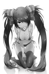 Rule 34 | 1girl, absurdres, bad id, bad pixiv id, bare shoulders, bikini, breast hold, breasts, cleavage, covered erect nipples, english text, female focus, fingernails, full body, greyscale, hair ornament, hair over one eye, hand on own thigh, hand on thigh, highres, kneeling, knees together feet apart, ladic, large breasts, leaning forward, long fingernails, long hair, looking at viewer, monochrome, mouth hold, navel, original, shadow, side-tie bikini bottom, smile, solo, string bikini, swimsuit, text focus, thigh gap, thighhighs, twintails, very long hair, wet