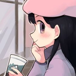 Rule 34 | 1girl, animification, black hair, child, cup, disposable cup, from side, hat, highres, pink hat, profile, purple eyes, smile, solo, south park, tsunoji, upper body, wendy testaburger, window