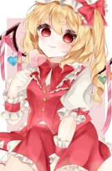 Rule 34 | 1girl, :q, alternate wings, bad id, bad pixiv id, between legs, border, bow, bowtie, breasts, cowboy shot, flandre scarlet, frilled bowtie, frilled shirt collar, frilled skirt, frills, hair between eyes, hand between legs, hat, hat ribbon, head tilt, heart, looking at viewer, medium hair, mob cap, multiple girls, one side up, pink background, pink ribbon, puffy short sleeves, puffy sleeves, red bow, red bowtie, red eyes, red ribbon, red skirt, red vest, ribbon, shirt, short sleeves, skirt, skirt set, sleeve ribbon, small breasts, solo, tongue, tongue out, touhou, user cwdk5483, vest, white border, white hat, white shirt, wings, wrist cuffs