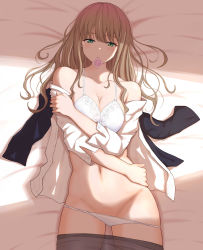 Rule 34 | 1girl, absurdres, bed sheet, blush, bra, breasts, brown hair, brown pantyhose, clothes pull, collarbone, commentary request, commission, condom, condom in mouth, condom wrapper, green eyes, gridman universe, groin, highres, long hair, looking at viewer, medium breasts, minami yume, mouth hold, navel, panties, pantyhose, pantyhose pull, shirt, skeb commission, solo, ssss.dynazenon, underwear, white bra, white panties, white shirt, yousui