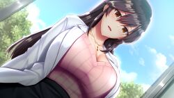 Rule 34 | 1girl, anza tomo, blush, boku to sensei no nyuuin seikatsu, breasts, brown hair, cleavage, cloud, day, eyebrows hidden by hair, female focus, from below, game cg, hair between eyes, indoors, isami moe, jewelry, lab coat, large breasts, light blush, long hair, looking at viewer, necklace, open mouth, orange eyes, original, pov, skirt, sky, solo, tree, upper body, window