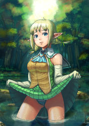 Rule 34 | blonde hair, braid, clothes lift, detached sleeves, dress, dress lift, elf, forest, hair ribbon, nature, original, panties, pointy ears, ribbon, solo, striped clothes, striped panties, tatsunami takeshi, twin braids, underwear, water