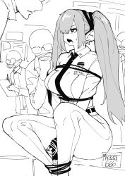 Rule 34 | 1girl, 4boys, absurdres, artist name, belt, breasts, curvy, feet out of frame, fingerless gloves, glasses, gloves, hair over one eye, hatsune miku, highres, medium breasts, monochrome, multiple boys, necktie, norman maggot, opaque glasses, pants, sitting, sweatdrop, twintails, vocaloid