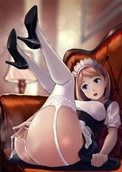 Rule 34 | 1girl, after vaginal, aftersex, apron, ass, black footwear, blue eyes, blurry, blush, bob cut, body heat, breasts, brown hair, couch, cum, cum in pussy, cum string, cumdrip, depth of field, dress, full body, garter straps, high heels, highres, indoors, large breasts, legs up, long hair, maid, maid headdress, neko neko koneko, no panties, on couch, open mouth, original, parted bangs, pumps, reclining, short sleeves, solo, thighhighs, white thighhighs