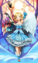 Rule 34 | 1girl, angel, angel wings, armpits, arms up, asymmetrical wings, blonde hair, blue dress, blue eyes, borrowed character, cassie (acerailgun), cyborg, detached sleeves, dress, feathered wings, frilled dress, frills, full body, girutea, mechanical arms, mechanical wings, original, shoes, single mechanical arm, smile, solo, stained glass, toeless footwear, winged footwear, wings