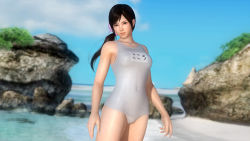 Rule 34 | 1girl, 3d, beach, black eyes, black hair, breasts, cloud, dead or alive, dead or alive 5, hair ornament, hair ribbon, kokoro (doa), large breasts, lips, looking at viewer, ocean, official art, one-piece swimsuit, outdoors, ponytail, ribbon, sand, school swimsuit, sky, solo, standing, swimsuit, tecmo, wading, water, white one-piece swimsuit, white school swimsuit