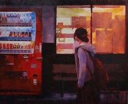 Rule 34 | 1girl, backpack, bag, bench, black hair, brick wall, building, dark, highres, kazuho iwamoto, long hair, looking at viewer, original, road, scenery, shadow, sidewalk, solo, street, sunlight, sunset, vending machine, window