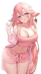 Rule 34 | 1girl, absurdres, animal ears, bare shoulders, breasts, camisole, cleavage, collarbone, cowboy shot, crop top, earrings, floppy ears, fox ears, genshin impact, hand up, highres, jacket, jewelry, large breasts, leaning forward, long hair, long sleeves, looking at viewer, midriff, navel, off shoulder, open clothes, open jacket, open mouth, pdxen, pink hair, pink jacket, pink shirt, pink shorts, purple eyes, shirt, shorts, simple background, skindentation, sleeveless, sleeveless shirt, smile, solo, spaghetti strap, standing, stomach, thighs, very long hair, white background, yae miko