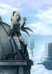Rule 34 | 1girl, apple, arm up, black hairband, black leotard, black scarf, blonde hair, blue sky, breasts, cat, cleavage, cloud, cloudy sky, dusty (gravity daze), floating city, food, from side, fruit, gravity daze, hairband, hand up, high heels, highres, holding, holding food, holding fruit, kitten (gravity daze), leg warmers, leotard, long scarf, miyasutou, red eyes, rooftop, scarf, short hair, simple background, sky, vambraces