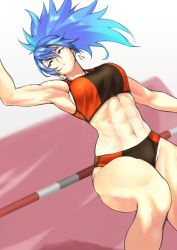 Rule 34 | 1girl, abs, alternate costume, anagumasan, bare shoulders, biceps, blue eyes, blue hair, breasts, cleavage, earrings, highres, jewelry, jumping, leona heidern, midriff, multicolored clothes, muscular, muscular female, navel, playing sports, pole, pole vault, ponytail, shorts, snk, solo, sports bikini, sports bra, tank top, the king of fighters, triangle earrings, two-tone sports bra, underwear