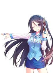 Rule 34 | armband, black hair, blue vest, highres, krt girls, long hair, long sleeves, miniskirt, one side up, parted bangs, shirt, skirt, smile, vest, xiao qiong