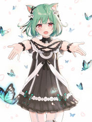 Rule 34 | 1girl, ahoge, blush, bug, butterfly, cowboy shot, dress, earrings, extra ears, fang, frilled dress, frills, garter straps, green hair, hair ornament, highres, hololive, insect, jewelry, open mouth, outstretched arms, red eyes, short hair, skull collar, skull hair ornament, solo, thighhighs, uruha rushia, uruha rushia (3rd costume), virtual youtuber, white garter straps, white thighhighs, wrist cuffs, xyomouse