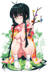 Rule 34 | 1girl, bad id, bad pixiv id, bare legs, bespectacled, black hair, bottomless, branch, brown eyes, censored, collarbone, convenient censoring, glasses, hair censor, houraisan kaguya, japanese clothes, jeweled branch of hourai, long hair, no panties, partially visible vulva, ruuto (sorufu), solo, squatting, tabi, touhou, very long hair, white legwear