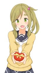 Rule 34 | 1girl, blush, breasts, brown hair, collarbone, dot nose, fang, female focus, flesh fang, gift, green eyes, inuyama aoi, long hair, long sleeves, open mouth, ponytail, school uniform, simple background, smile, solo, sweater, valentine, white background, yurucamp