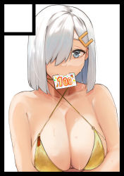 Rule 34 | 1girl, bikini, bikini top only, blue eyes, breasts, card in mouth, cleavage, collarbone, eyes visible through hair, hair ornament, hair over one eye, hairclip, hamakaze (kancolle), kantai collection, large breasts, looking at viewer, mouth hold, short hair, solo, sweat, swimsuit, upper body, wasavi 8, white hair, yellow bikini