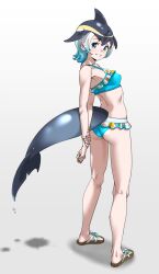 Rule 34 | 1girl, absurdres, arms behind back, ass, bare arms, bare legs, bare shoulders, bikini, black hair, blonde hair, blowhole, blue bikini, blue eyes, blue hair, blush, breasts, cetacean tail, commentary, common dolphin (kemono friends), dolphin girl, dorsal fin, fins, fish tail, frilled bikini, frills, grin, highres, kemono friends, kneepits, legs, looking at viewer, medium breasts, midriff, multicolored hair, sandals, short hair, simple background, smile, solo, standing, swimsuit, tail, tanabe (fueisei), toes, water, white background, white hair