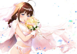 Rule 34 | 1girl, ahoge, alternate costume, blue eyes, bouquet, braid, breasts, brown hair, capelet, earrings, flower, garter belt, gloves, hair flaps, hair ornament, heart pasties, highres, holding, holding bouquet, jewelry, kantai collection, medium breasts, navel, pasties, pink flower, pink rose, rose, shigure (kancolle), shigure kai ni (kancolle), single braid, solo, tiara, umakuchi shouyu, underbust, white capelet, white gloves, white veil, yellow flower, yellow rose