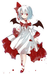 Rule 34 | 1girl, alternate costume, bad id, bad pixiv id, bare shoulders, bat wings, bow, choker, cupping glass, dress, female focus, gotyou, hair bow, large bow, mary janes, red eyes, remilia scarlet, ribbon choker, shoes, short hair, silver hair, solo, touhou, wings