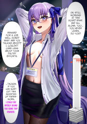 Rule 34 | 1girl, arms behind head, arms up, black skirt, blue eyes, blue ribbon, breasts, brown pantyhose, cleavage, english text, fate/extra, fate/extra ccc, fate/grand order, fate (series), glasses, hair ribbon, hard-translated, highres, id card, long hair, long sleeves, looking at viewer, meltryllis (fate), navel, nepodayo, no bra, open clothes, open mouth, open shirt, pantyhose, paper, pencil skirt, purple hair, ribbon, shirt, skirt, small breasts, speech bubble, stomach, thighs, third-party edit, unbuttoned, unbuttoned shirt, very long hair, white shirt
