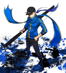 Rule 34 | 1boy, artoria pendragon (fate), baseball cap, blue hair, blue jacket, blue scarf, cosplay, cu chulainn (fate), fate/grand order, fate/stay night, fate (series), hat, heroine x (cosplay), highres, jacket, kuroguro, cu chulainn (fate/stay night), long hair, male focus, mysterious heroine x (fate), ponytail, red eyes, rojiura satsuki : chapter heroine sanctuary, saber (fate), scarf, solo, track jacket, weapon