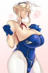 Rule 34 | 1girl, animal ears, artoria pendragon (all), artoria pendragon (fate), artoria pendragon (lancer) (fate), bare shoulders, blue eyes, braid, braided bun, breasts, cleavage, crossed arms, earrings, fake animal ears, fate/grand order, fate (series), gloves, green eyes, hair bun, heart, huge breasts, jewelry, leotard, looking at viewer, mature female, pantyhose, playboy bunny, rabbit ears, saber (fate), skindentation, smile, solo, tanishi (tani4), white pantyhose