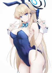 Rule 34 | 1girl, absurdres, animal ears, ass, blonde hair, blue archive, blue bow, blue bowtie, blue eyes, blue hair, blue leotard, blue nails, bow, bowtie, braid, breasts, closed mouth, cowboy shot, detached collar, fake animal ears, fingernails, halo, highres, leotard, long hair, medium breasts, multicolored hair, nail polish, official alternate costume, playboy bunny, rabbit ears, sideboob, simple background, solo, strapless, strapless leotard, streaked hair, suien, thighhighs, toki (blue archive), toki (bunny) (blue archive), white background, white thighhighs, white wrist cuffs, wrist cuffs