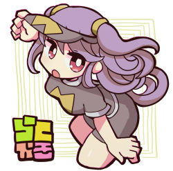 Rule 34 | 1girl, :o, arm up, black hat, black shirt, black shorts, breasts, commentary request, cropped legs, hair between eyes, hat, long hair, looking at viewer, open mouth, original, purple hair, red eyes, seseringo, shirt, short shorts, short sleeves, shorts, small breasts, solo, translation request, two side up, visor cap, white background