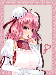 Rule 34 | 1girl, apron, bandages, bowl, bun cover, chinese clothes, chocolate, double bun, female focus, flower, heart, highres, ibaraki kasen, licking, open mouth, pink eyes, pink hair, rose, short hair, solo, tabard, touhou, u2 (5798239)