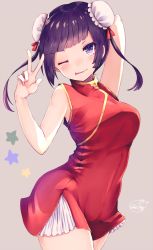 Rule 34 | 1girl, arched back, arm up, blush, breasts, china dress, chinese clothes, chita (ketchup), commentary request, cowboy shot, double bun, dress, large breasts, looking at viewer, one eye closed, original, purple eyes, purple hair, red dress, short hair, sleeveless, solo, standing, star (symbol), tongue, twitter username, v
