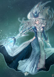 Rule 34 | 1girl, absurdres, breasts, commentary, dress, duel monster, floating, floating hair, gloves, glowing, glowing hair, glowing staff, grey eyes, hair between eyes, hat, highres, hip vent, holding, holding staff, long hair, long sleeves, magic, ootato, signature, silent magician, silver hair, solo, staff, wizard hat, yu-gi-oh!