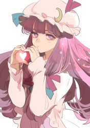 Rule 34 | 1girl, :/, blue ribbon, blush, closed mouth, commentary, crescent, crescent hat ornament, dress, hair ribbon, hands up, hat, hat ornament, hat ribbon, heart, heart hands, highres, kerok (joniko1110), long hair, long sleeves, looking at viewer, mob cap, one-hour drawing challenge, patchouli knowledge, pink dress, pink hat, purple eyes, purple hair, red ribbon, ribbon, simple background, solo, touhou, upper body, very long hair, white background