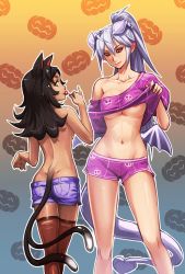 Rule 34 | 2girls, animal ears, ass, back, bare back, black hair, black sclera, breasts, brown legwear, candy, cat ears, cat tail, clothes lift, collarbone, colored sclera, demon girl, dimples of venus, elena (maritan), flipped hair, food, gradient background, groin, horns, large breasts, lilim (monster girl encyclopedia), lollipop, long hair, looking at viewer, looking back, low wings, lowleg, lowleg shorts, mari (maritan), maritan (pixelmaritan), medium breasts, monster girl, monster girl encyclopedia, multiple girls, multiple tails, navel, nekomata, no bra, off shoulder, original, pink shirt, pink shorts, pointy ears, ponytail, print shirt, print shorts, red eyes, shirt, shirt lift, short shorts, shorts, silver hair, skull print, smirk, tail, thighhighs, topless, two tails, very long hair, wings, zettai ryouiki