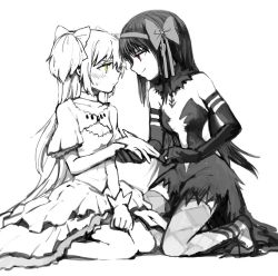 Rule 34 | 10s, 2girls, akemi homura, akuma homura, argyle, argyle clothes, argyle legwear, bare shoulders, black dress, black gloves, black hair, blush, bow, breasts, brooch, center opening, choker, cleavage, cleavage cutout, clothing cutout, collarbone, detached sleeves, dress, elbow gloves, eye contact, full body, gloves, greyscale, hair bow, high heels, holding hands, jewelry, kaname madoka, kneeling, layered skirt, long hair, looking at another, magical girl, mahou shoujo madoka magica, mahou shoujo madoka magica: hangyaku no monogatari, monochrome, multiple girls, red eyes, short hair, short sleeves, silverxp, simple background, sitting, skirt, smile, spoilers, spot color, strapless, strapless dress, sweatdrop, tattoo, thighhighs, two side up, ultimate madoka, wariza, white background, white dress, white gloves, wrist cuffs, yellow eyes, yuri
