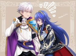 Rule 34 | 1boy, 1girl, arm hug, armor, ascot, belt, belt buckle, black gloves, blue cape, blue eyes, blue hair, breastplate, buckle, cape, commentary request, commission, fire emblem, fire emblem awakening, fire emblem heroes, gloves, grey eyes, height difference, hood, hooded cape, index finger raised, long hair, long sleeves, lucina (brave princess) (fire emblem), lucina (fire emblem), nintendo, official alternate costume, open mouth, purple cape, red cape, robin (fire emblem), robin (male) (exalt&#039;s deliverer) (fire emblem), robin (male) (fire emblem), shield, shirt, shoochiku bai, short hair, skeb commission, smile, tiara, two-tone cape, white ascot, white hair, white shirt