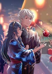 Rule 34 | 1boy, 1girl, alternate costume, ameno (a meno0), animal print, blue eyes, blue hair, blue kimono, blush, brown eyes, butterfly print, candy apple, commentary request, english text, fire emblem, fire emblem awakening, flying sweatdrops, food, hair between eyes, height difference, holding, holding food, japanese clothes, kimono, long hair, looking at another, lucina (fire emblem), nintendo, obi, official alternate costume, print kimono, profile, purple kimono, robin (fire emblem), robin (male) (fire emblem), sash, short hair, smile, speech bubble, tiara, white hair, wide sleeves, yukata